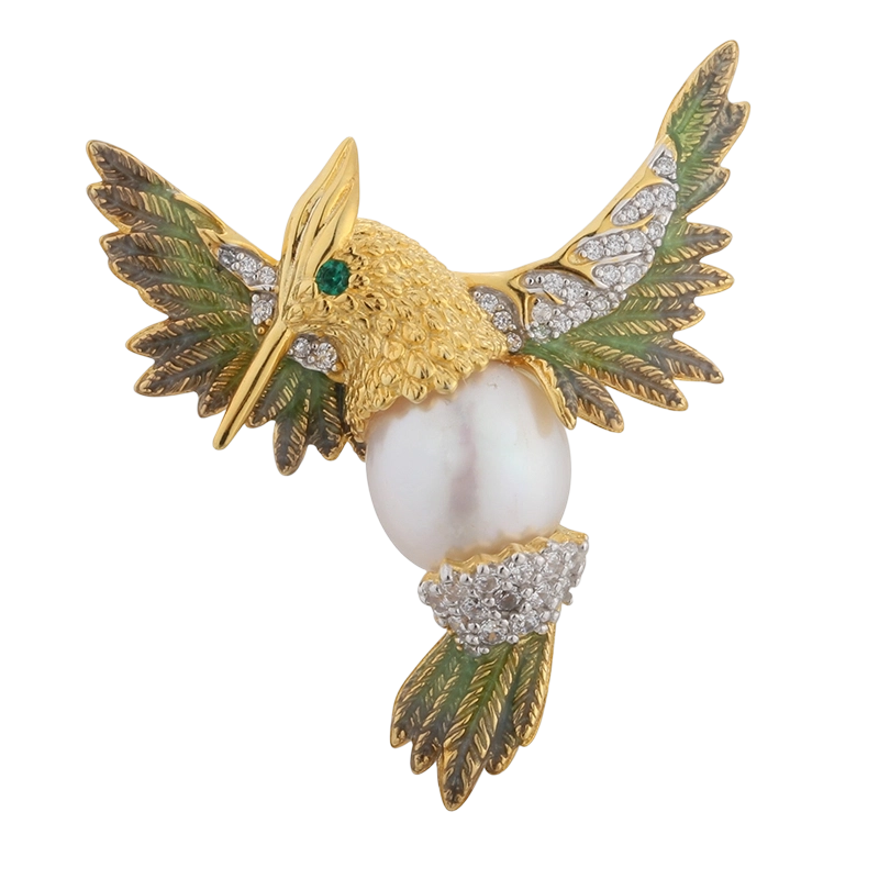 C00594 Брошка зі срібла 925 проби з перлинною пташкою та емаллю